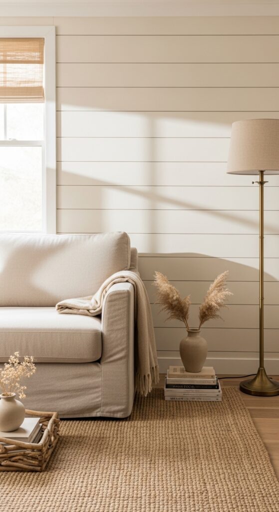 Anchor the Room with a Shiplap Accent Wall Behind the Sofa