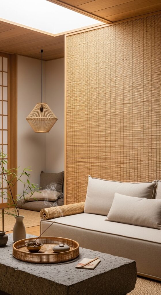 Bamboo Woven Panel Screens as Living Room Feature Walls