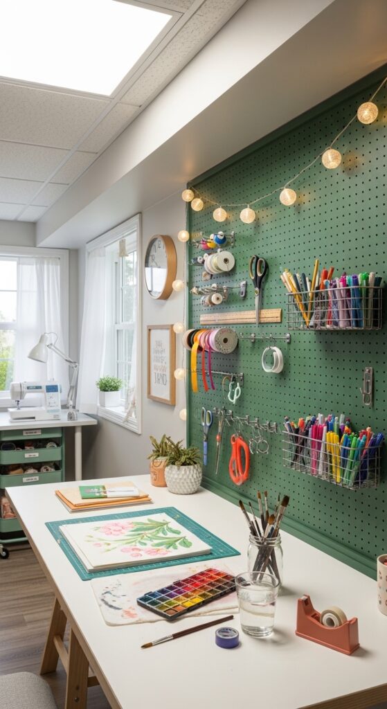 Basement Craft Room with Pegboard Wall