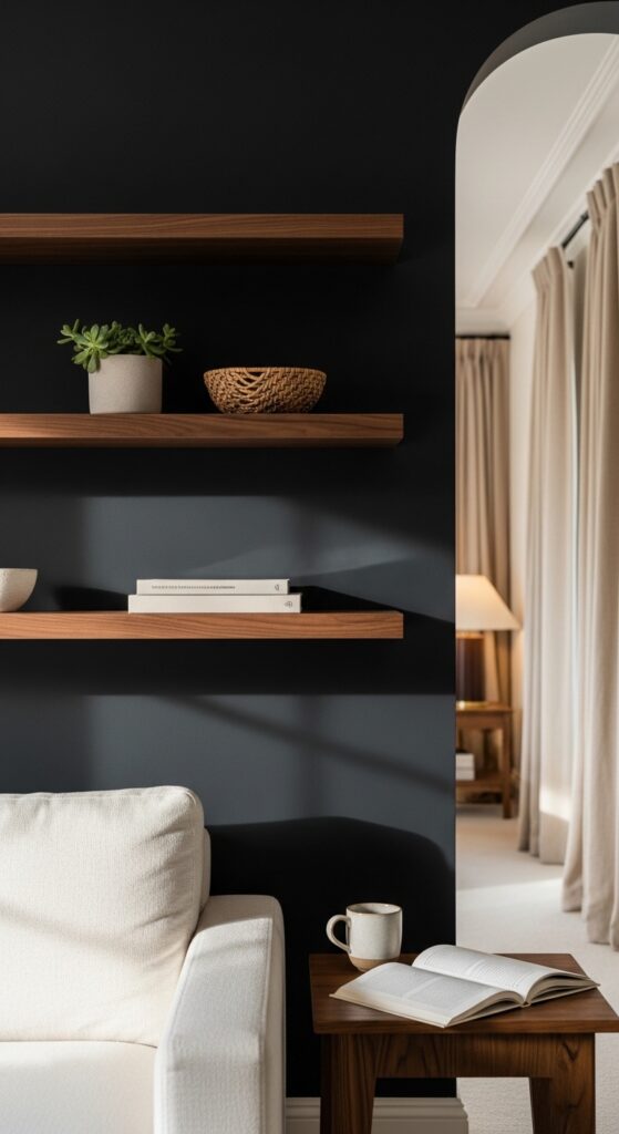 Black Accent Wall with Warm Brown Wood Shelving