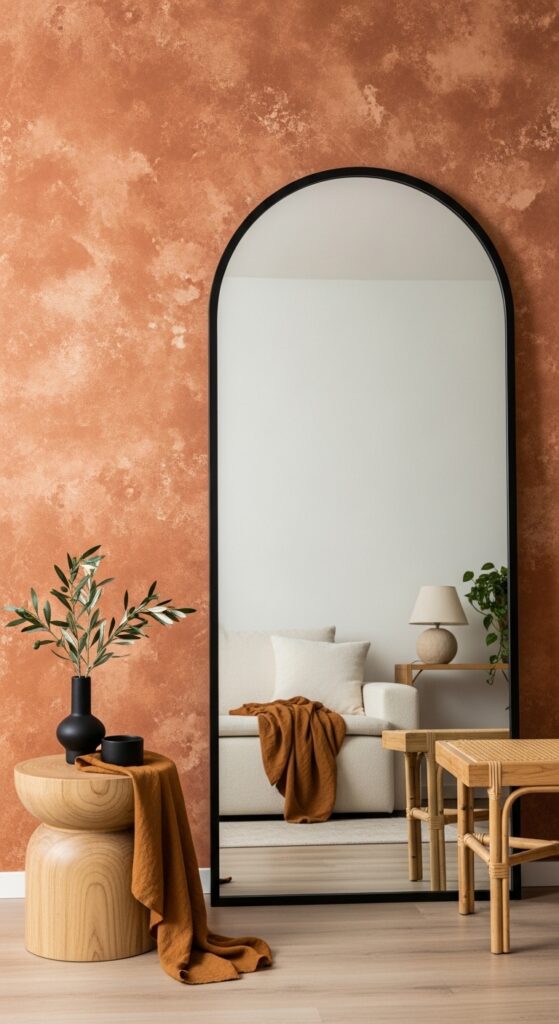 Black Framed Arched Mirror on a Warm Brown Accent Wall