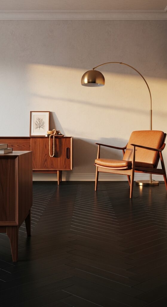 Black Herringbone Floors With Mid-Century Modern Walnut Furniture