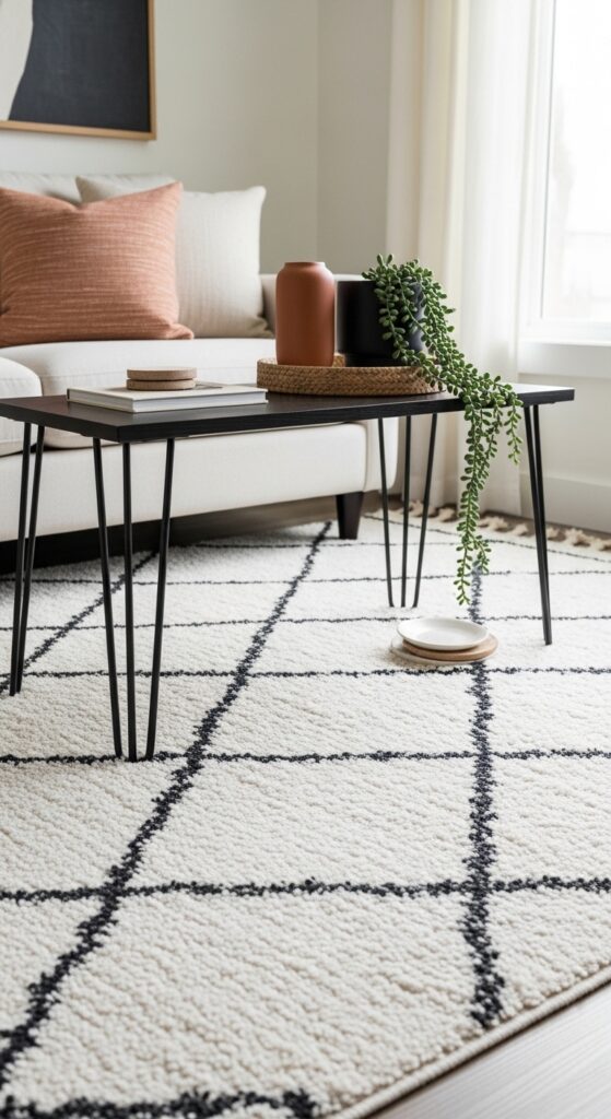 Black Metal Coffee Table Over a White Geometric Area Rug