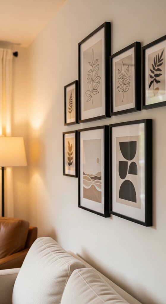 Black Picture Frames Gallery Wall with Neutral Art Prints