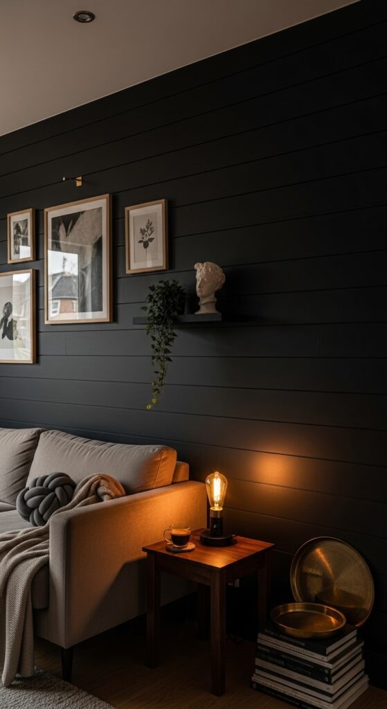 Black Shiplap Accent Wall Behind the Sofa