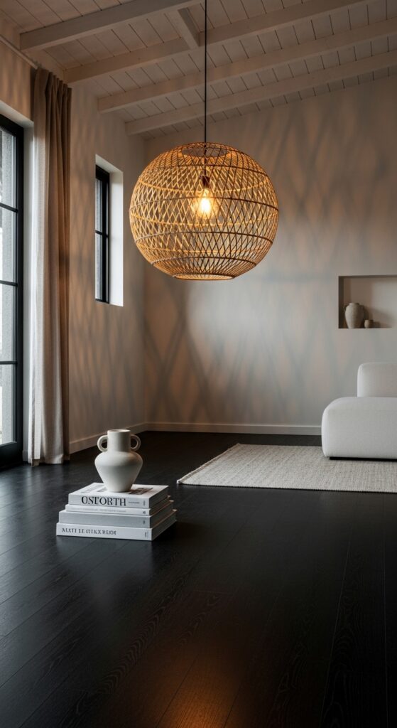 Black Wide-Plank Floors With Pendant Lighting