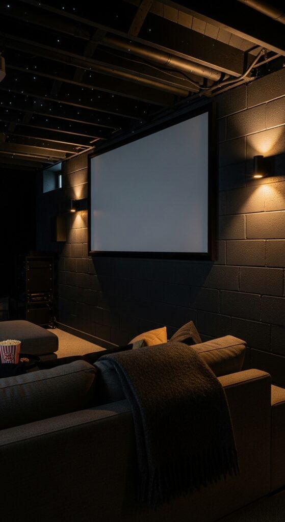 Bold Black Basement Wall Paint for a Home Theater Atmosphere