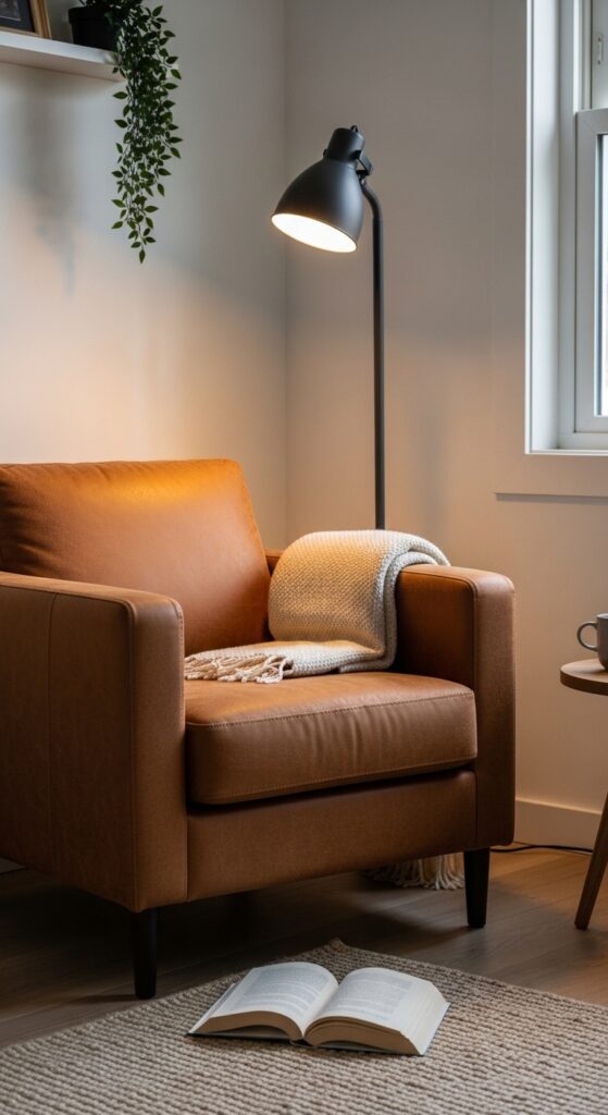 Brown Leather Armchair in a White Reading Nook Corner