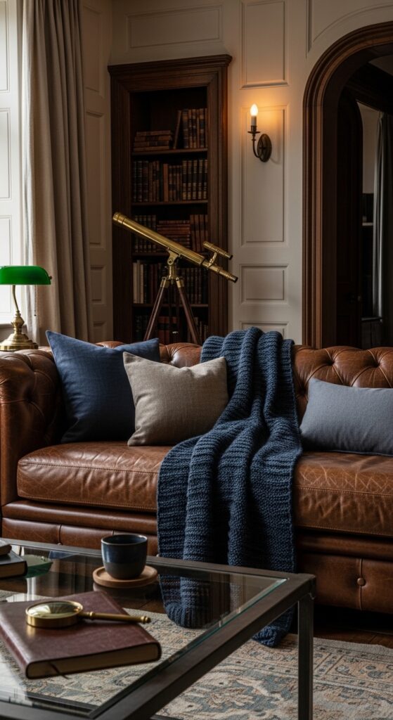 Brown Leather Chesterfield with Navy Throw Blankets