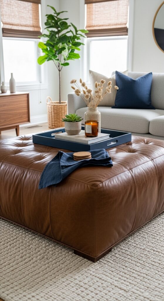 Brown Leather Ottoman as Coffee Table with Navy Accents