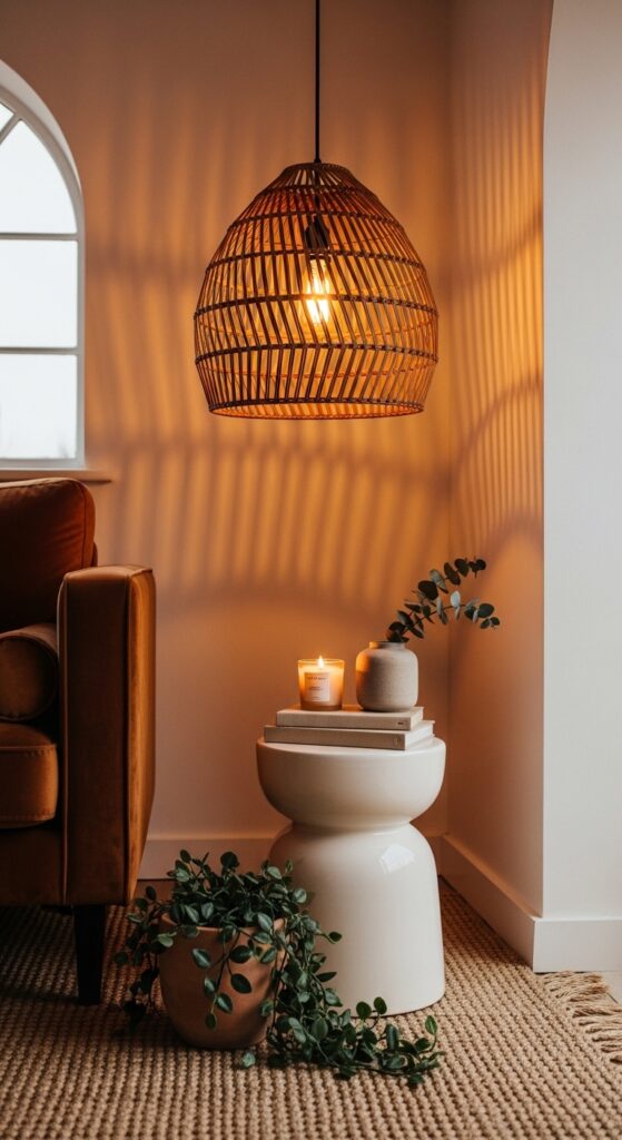 Brown Rattan Pendant Light Over a White Side Table