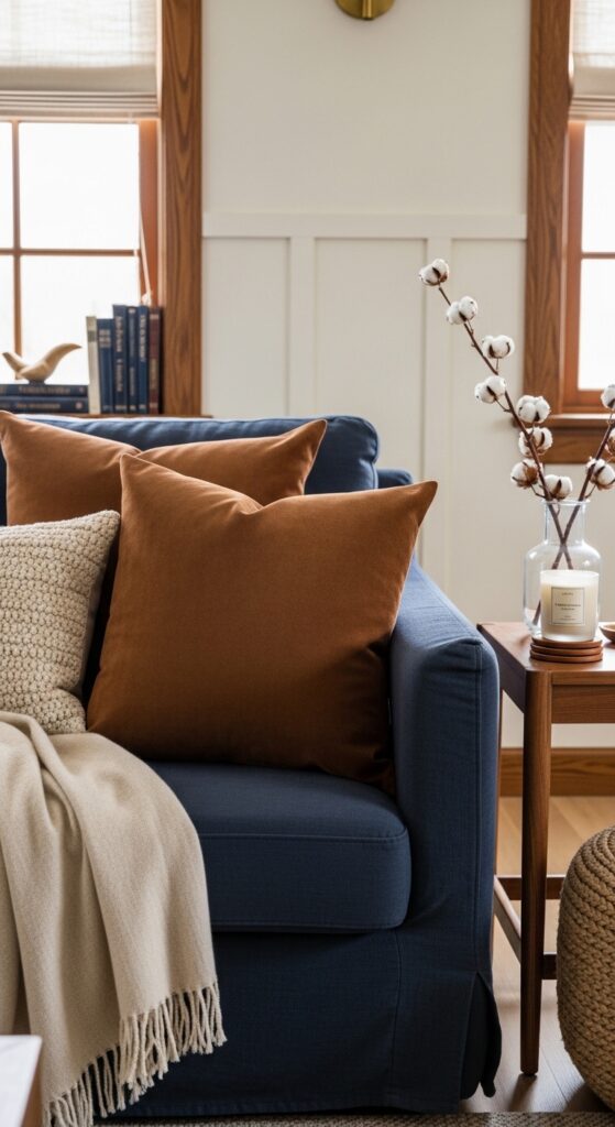 Brown Suede Accent Pillows on a Navy Linen Sofa