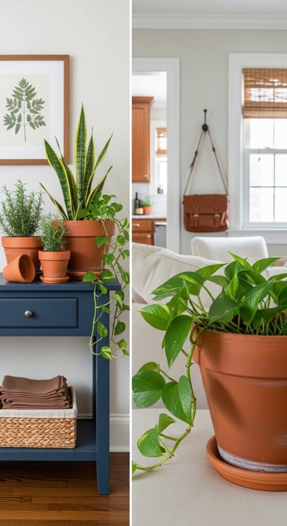 Brown Terracotta Planters Grouped on a Navy Console