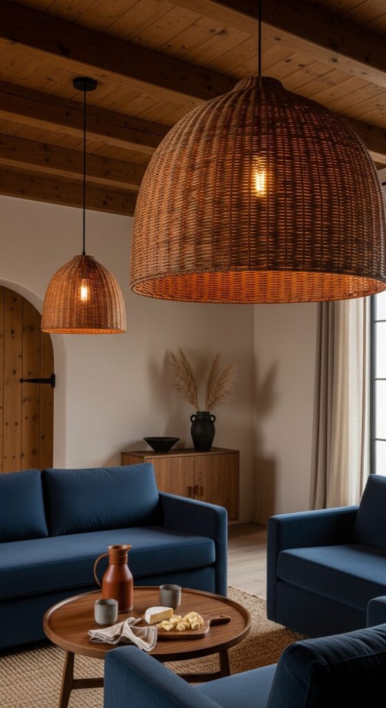 Brown Wicker Pendant Lights Over Navy Seating