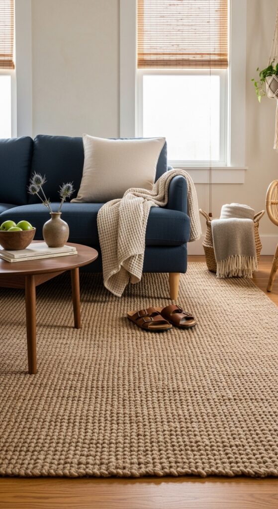 Brown Woven Jute Rug Layered Under a Navy Sofa