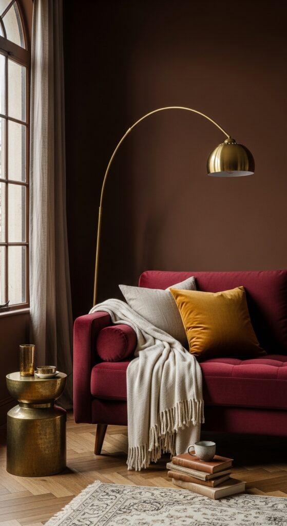 Burgundy Velvet Sofa With Chocolate Brown Walls