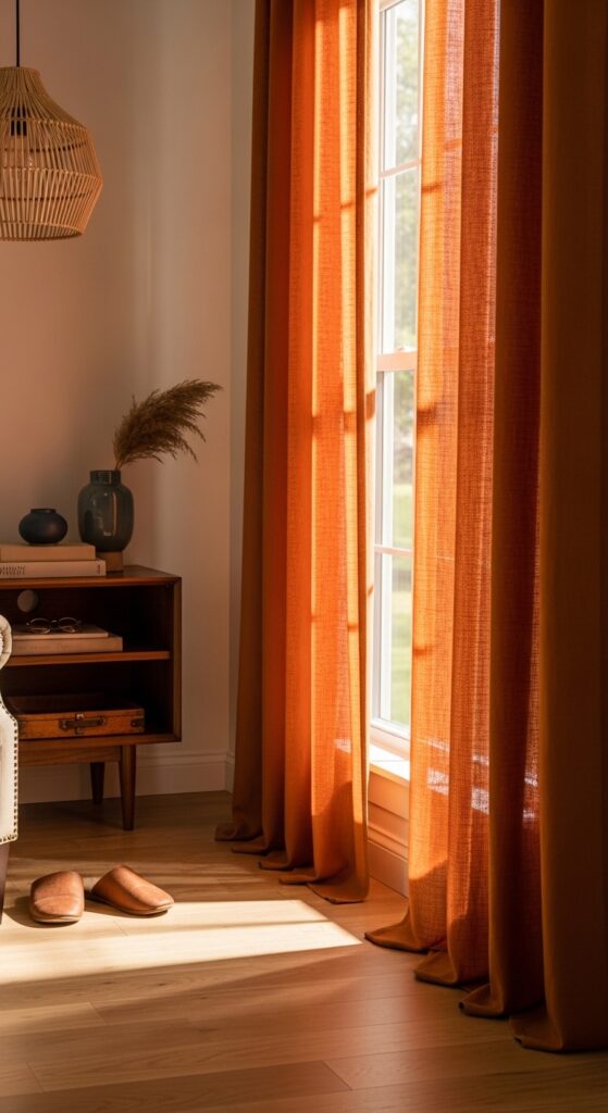 Cinnamon-Spiced Curtains With Espresso Furniture