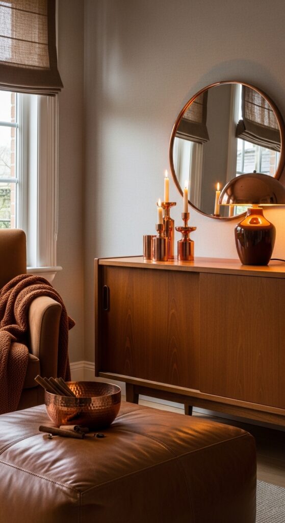 Copper and Red Metallic Accents With Brown Furniture