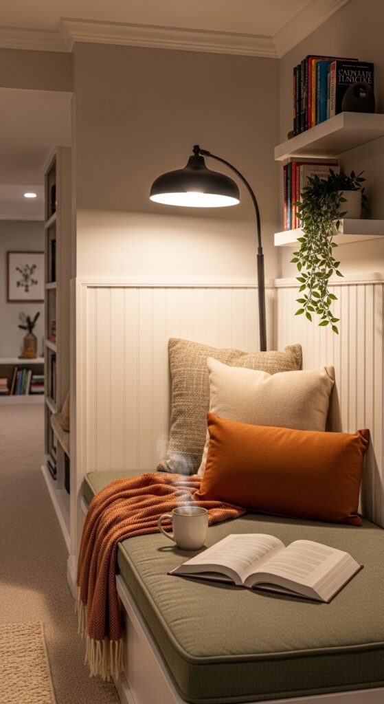 Cozy Basement Reading Nook with Built-In Bench