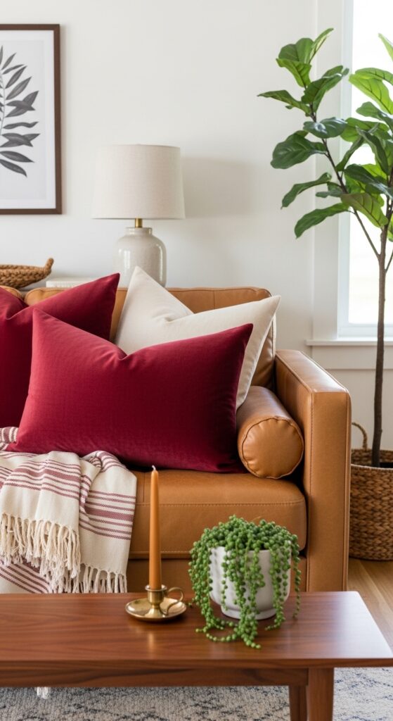 Cranberry Throw Pillows on a Tan Leather Sofa