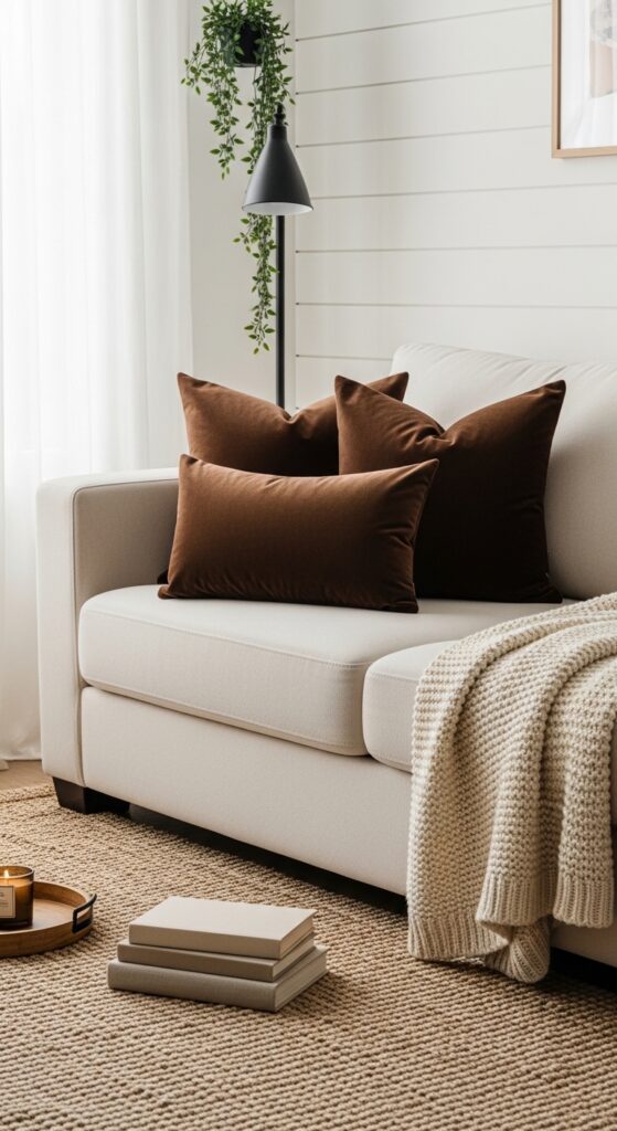 Cream Linen Sofa Paired with Chocolate Brown Throw Pillows