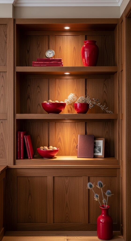 Crimson Bookshelf Styling Against Brown Paneling