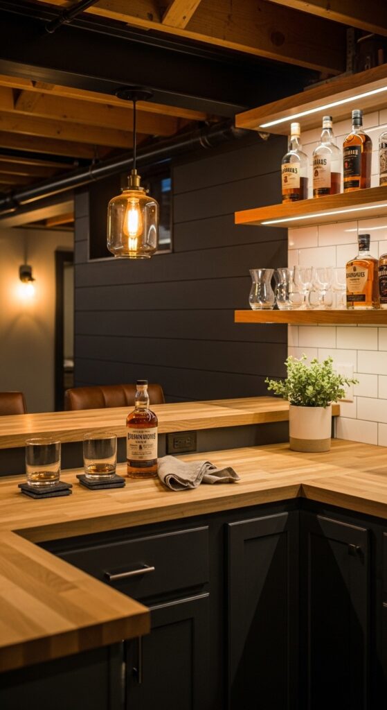 DIY Basement Bar with Open Shelving