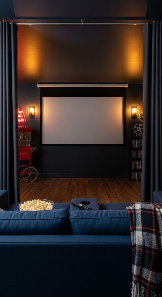 DIY Basement Movie Theater with Blackout Curtain Walls