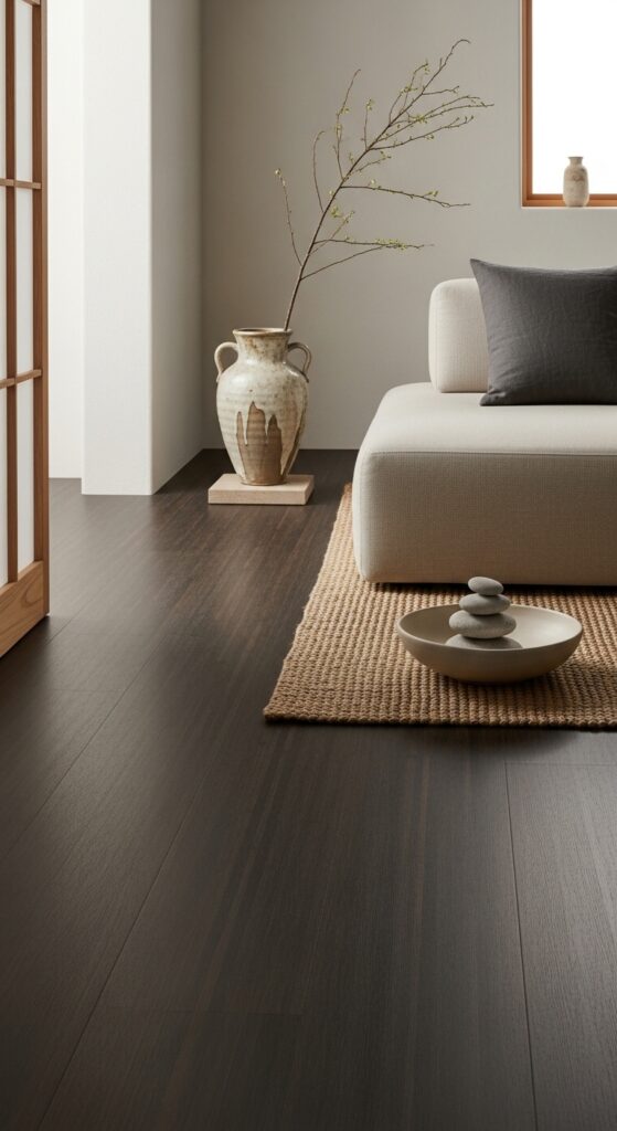 Dark Bamboo Floors With Japandi-Inspired Minimalist Decor