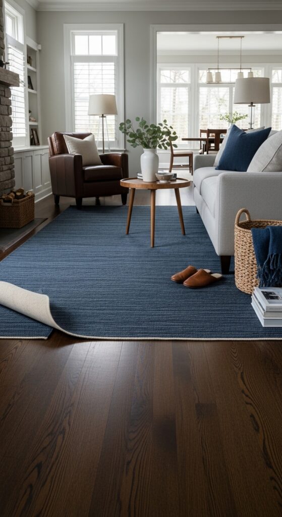 Dark Brown Hardwood Floors with a Navy Area Rug