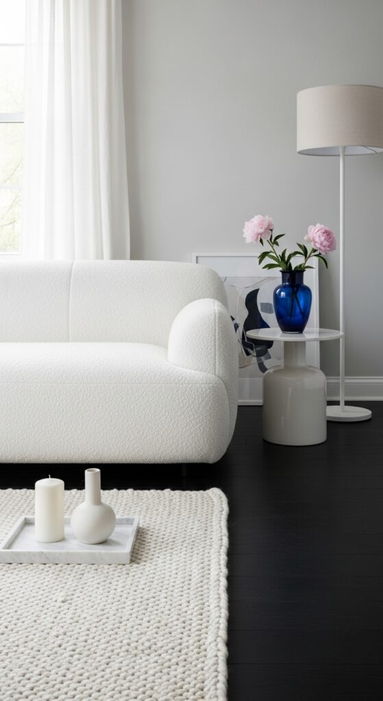 Dark Charcoal Floors With an All-White Furniture Palette