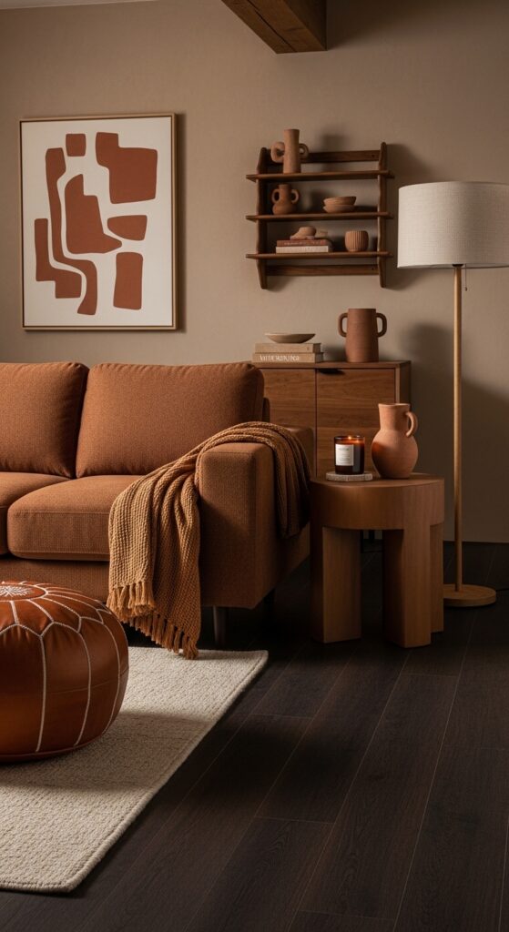 Dark Floors With a Tonal Monochrome Brown Living Room Setup