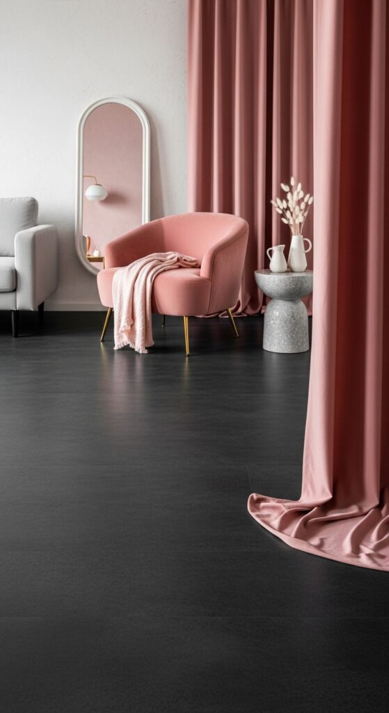 Dark Gray Floors With Blush Pink Accent Furniture — Unexpected and Stunning