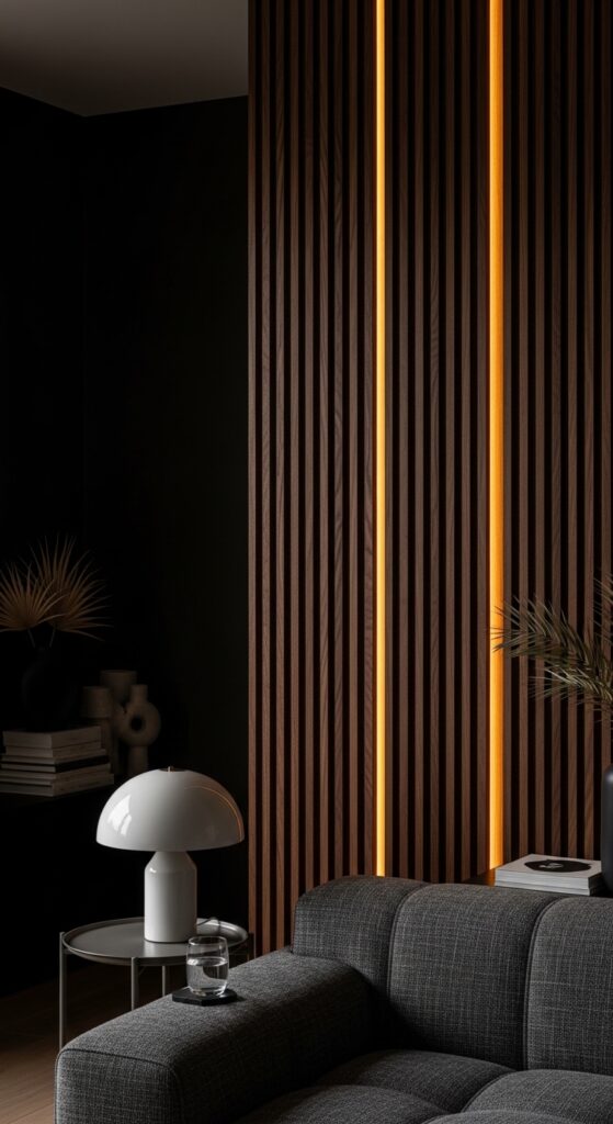 Dark Walnut Slat Panels with Integrated LED Strips