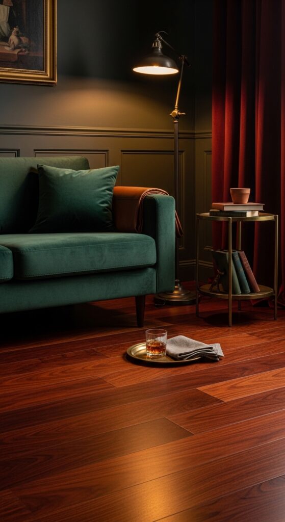 Deep Mahogany Floors With Forest Green Velvet Seating