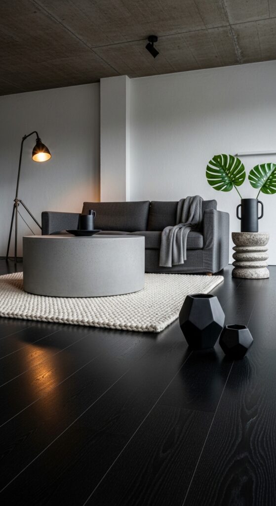 Ebony Floors With a Sculptural Concrete Coffee Table