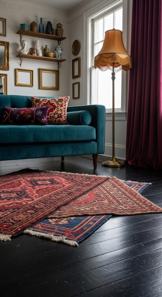 Ebony-Stained Floors With Maximalist Vintage Rug Layering