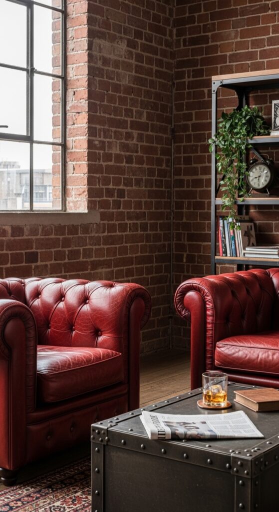 Exposed Brick Feature Wall With Red Leather Armchairs