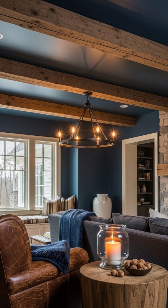 Exposed Brown Ceiling Beams in a Navy-Walled Room