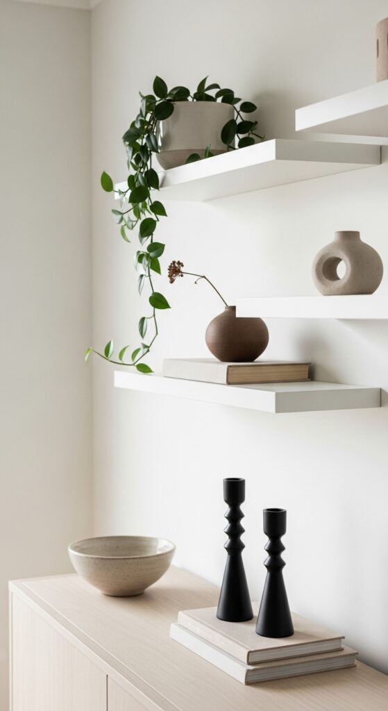 Floating White Shelves Styled with Black and Brown Accessories
