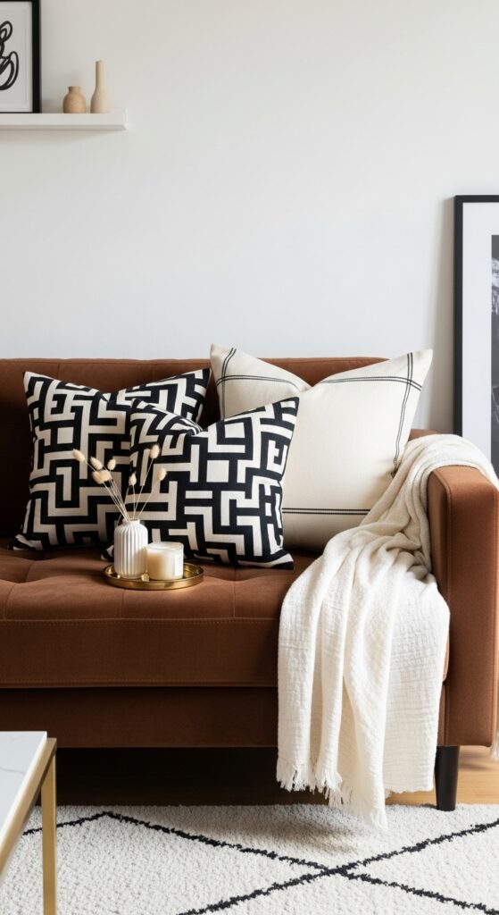 Graphic Black and White Throw Pillows on a Brown Velvet Sofa