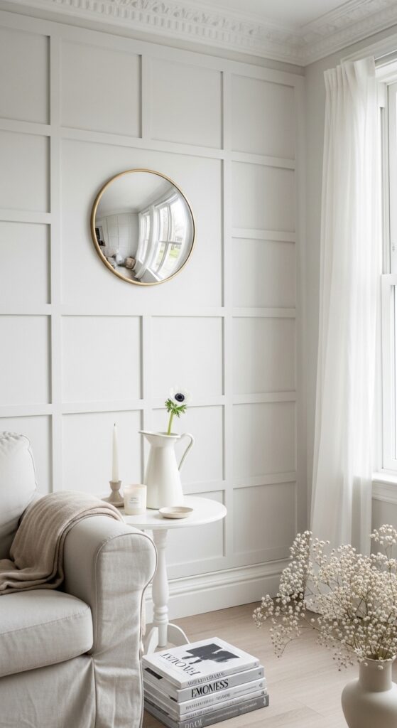 Grid-Style Molding Panel Wall in Benjamin Moore Cloud White