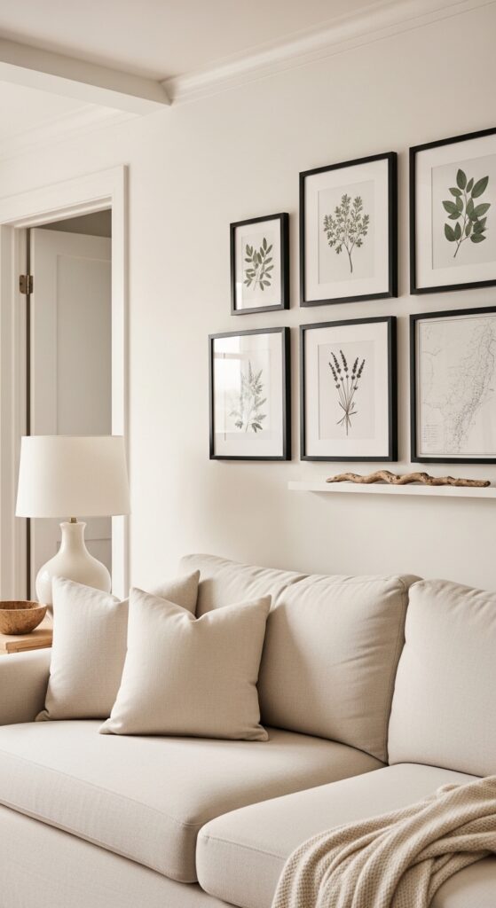 Hang a Horizontal Gallery Wall to Stretch a Short Living Room Wall