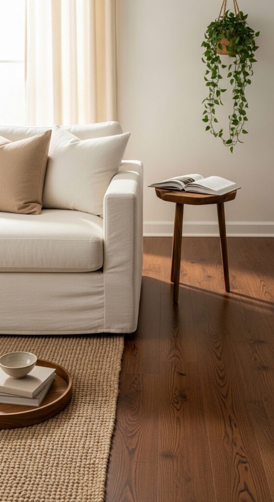 Ivory Linen Sofa Against Espresso Hardwood Floors