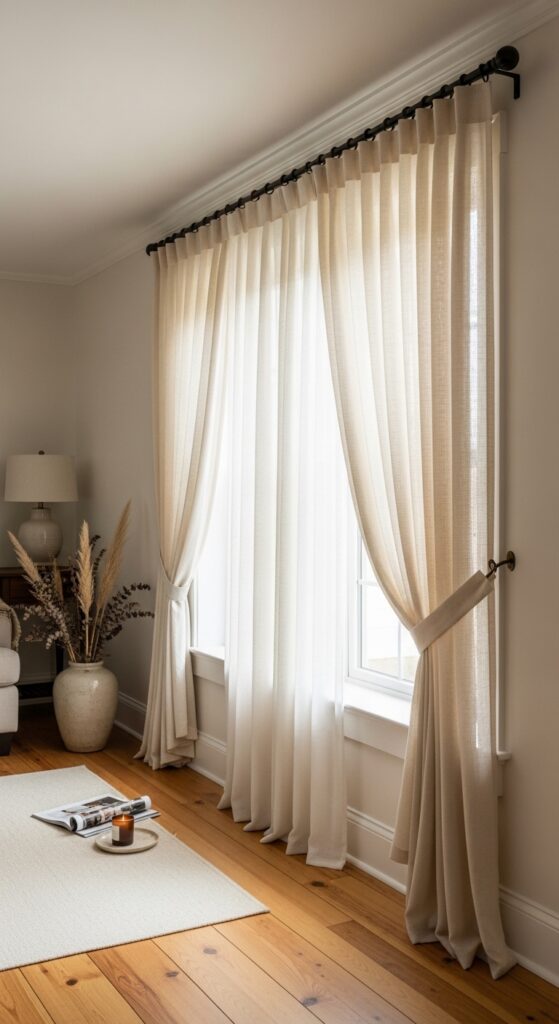 Layer Curtains from Ceiling to Floor to Add Visual Height