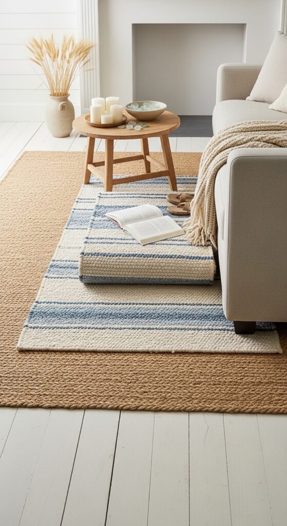 Layer Rugs to Define the Seating Zone on Hardwood or Painted Floors