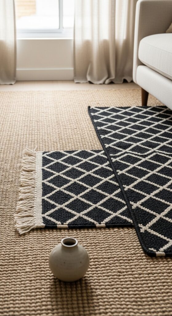 Layered Neutral Rugs in Jute and Black Wool