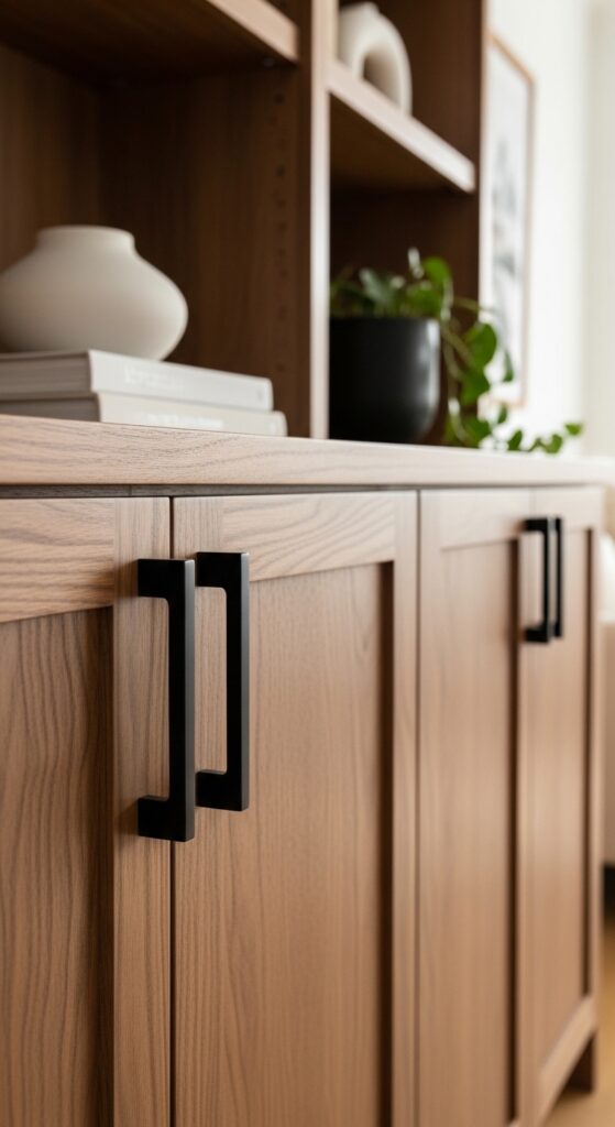 Matte Black Hardware and Fixtures on Warm Brown Cabinetry