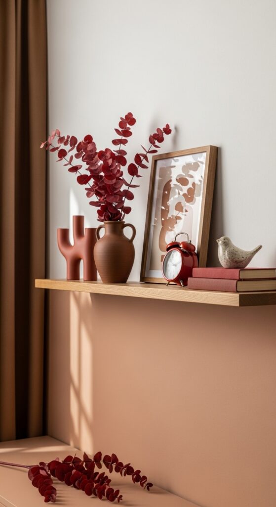 Mixed-Material Red and Brown Gallery Shelf Display