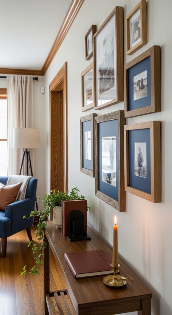 Mixed-Tone Brown Gallery Wall with Navy Matting